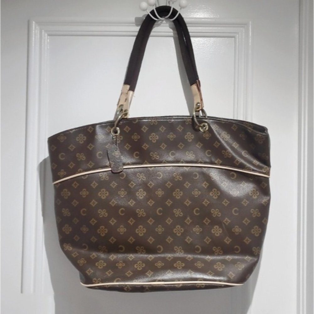 Vegan Leather Brown & Beige Print Hand/Shoulder Oversized Tote Bag